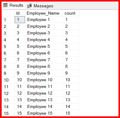 Picture showing the output of updating the column with row number in SQL server